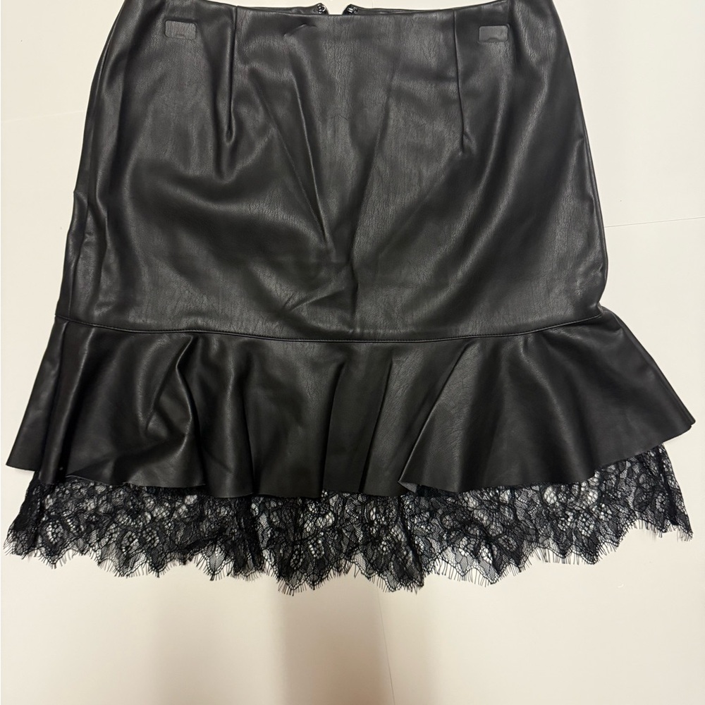 Who What Wear Black Faux Leather Skirt with Lace Hem